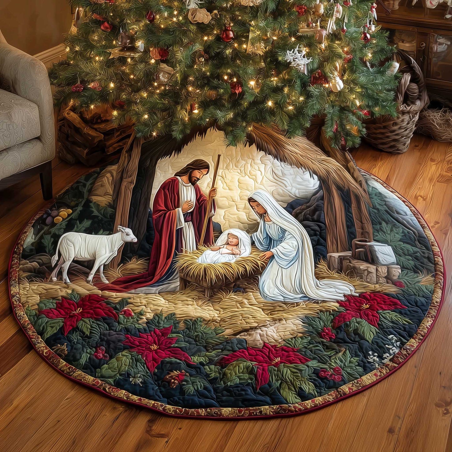 Holy Night Nativity Christmas Quilted Tree Skirt NCU0HTT025