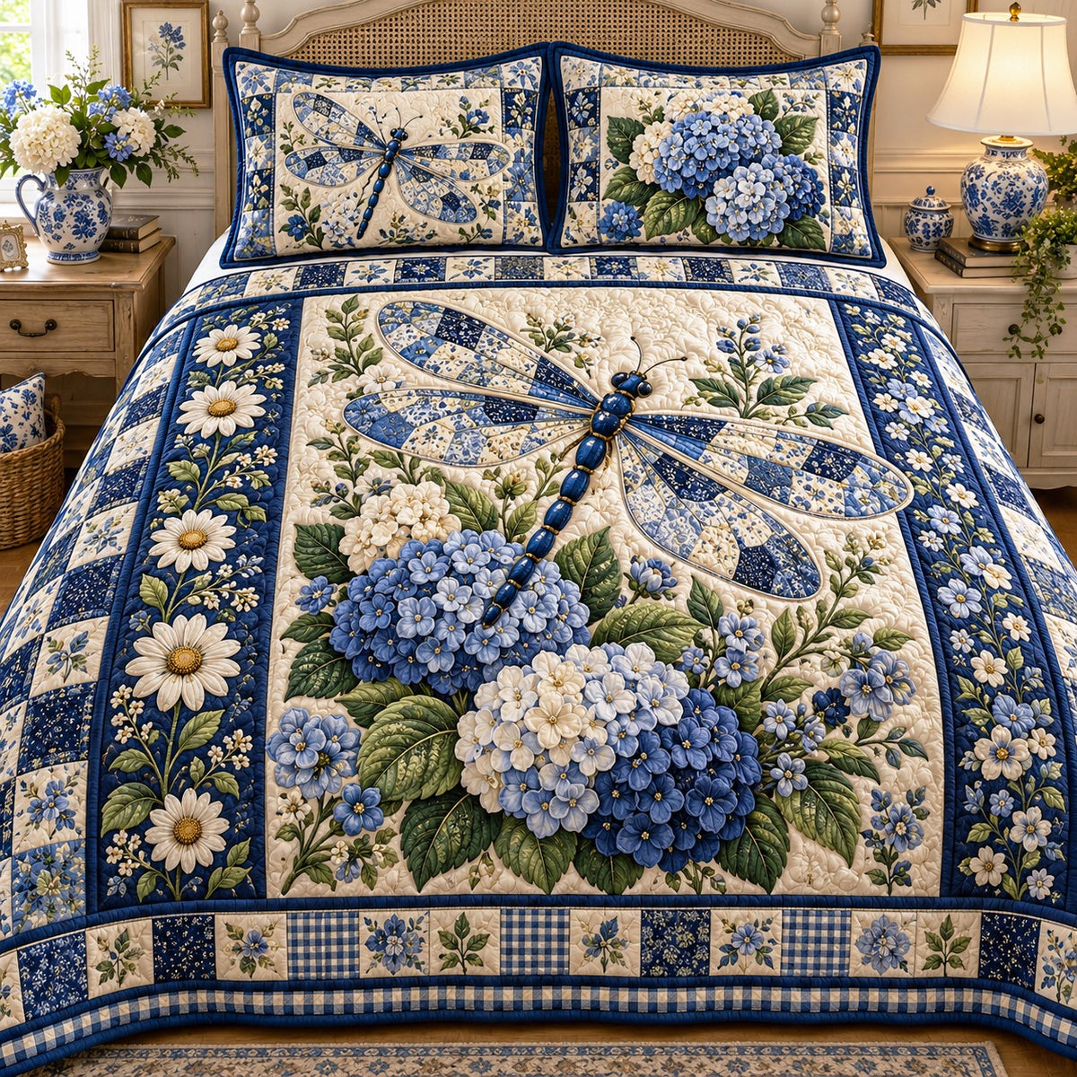Hydrangea Blue Dragonfly 3-Piece Quilted Bedding Set NCU0NTD2445