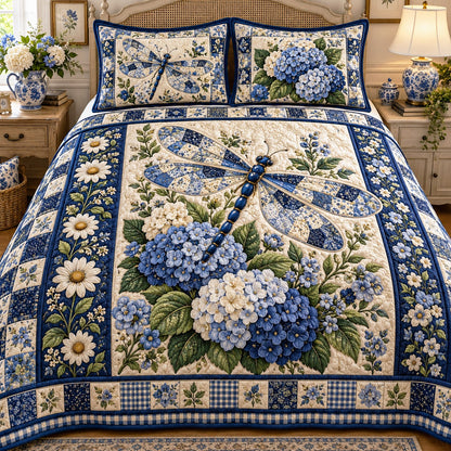 Hydrangea Blue Dragonfly 3-Piece Quilted Bedding Set NCU0NTD2445