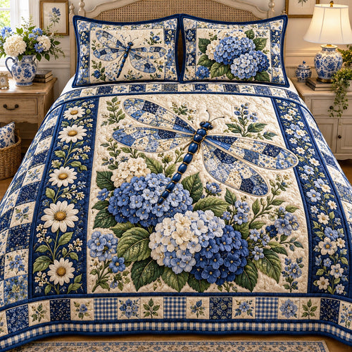 Hydrangea Blue Dragonfly 3-Piece Quilted Bedding Set NCU0NTD2445