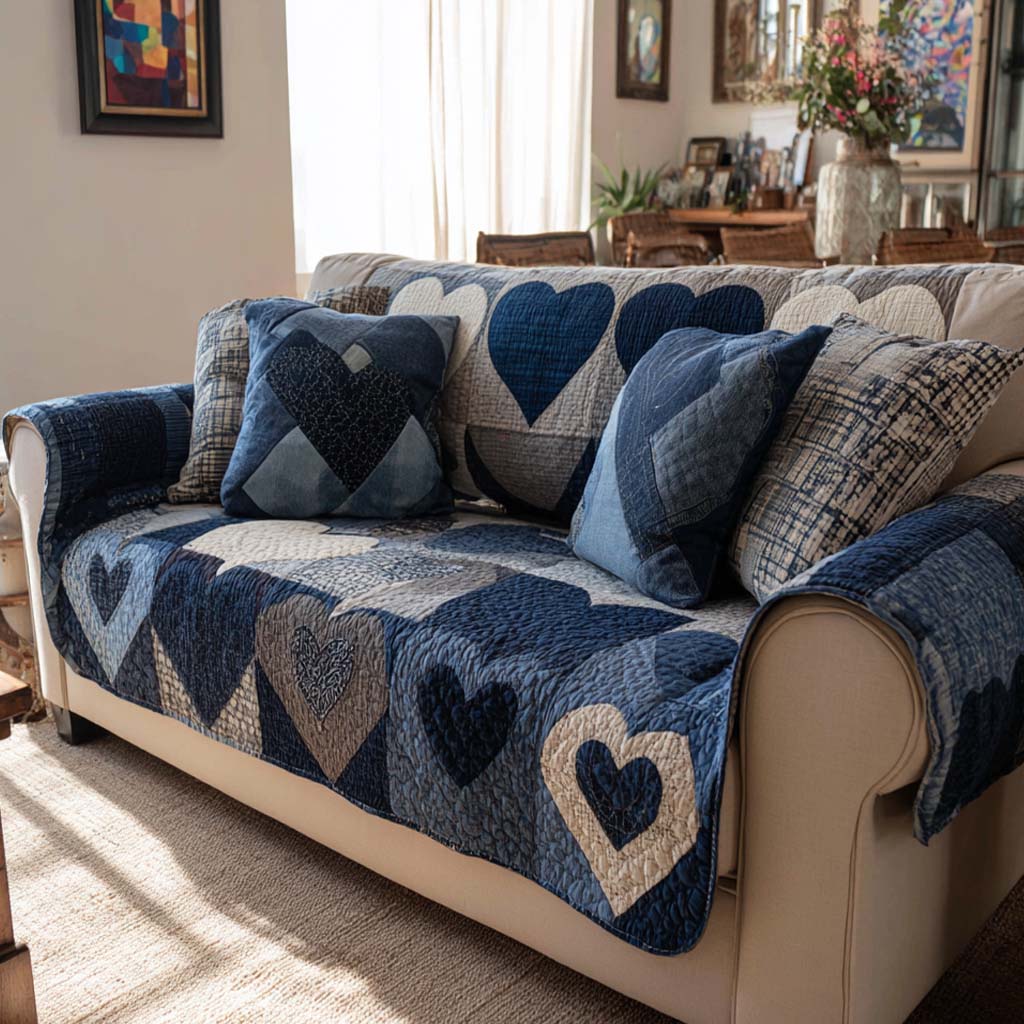 Indigo Heart Patchwork Quilted Sofa Cover NCU0NXD1383