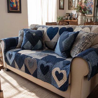 Indigo Heart Patchwork Quilted Sofa Cover NCU0NXD1383
