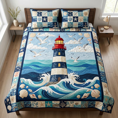 Island Lighthouse Seashell 3-Piece Quilted Bedding Set NCU0HNH1144