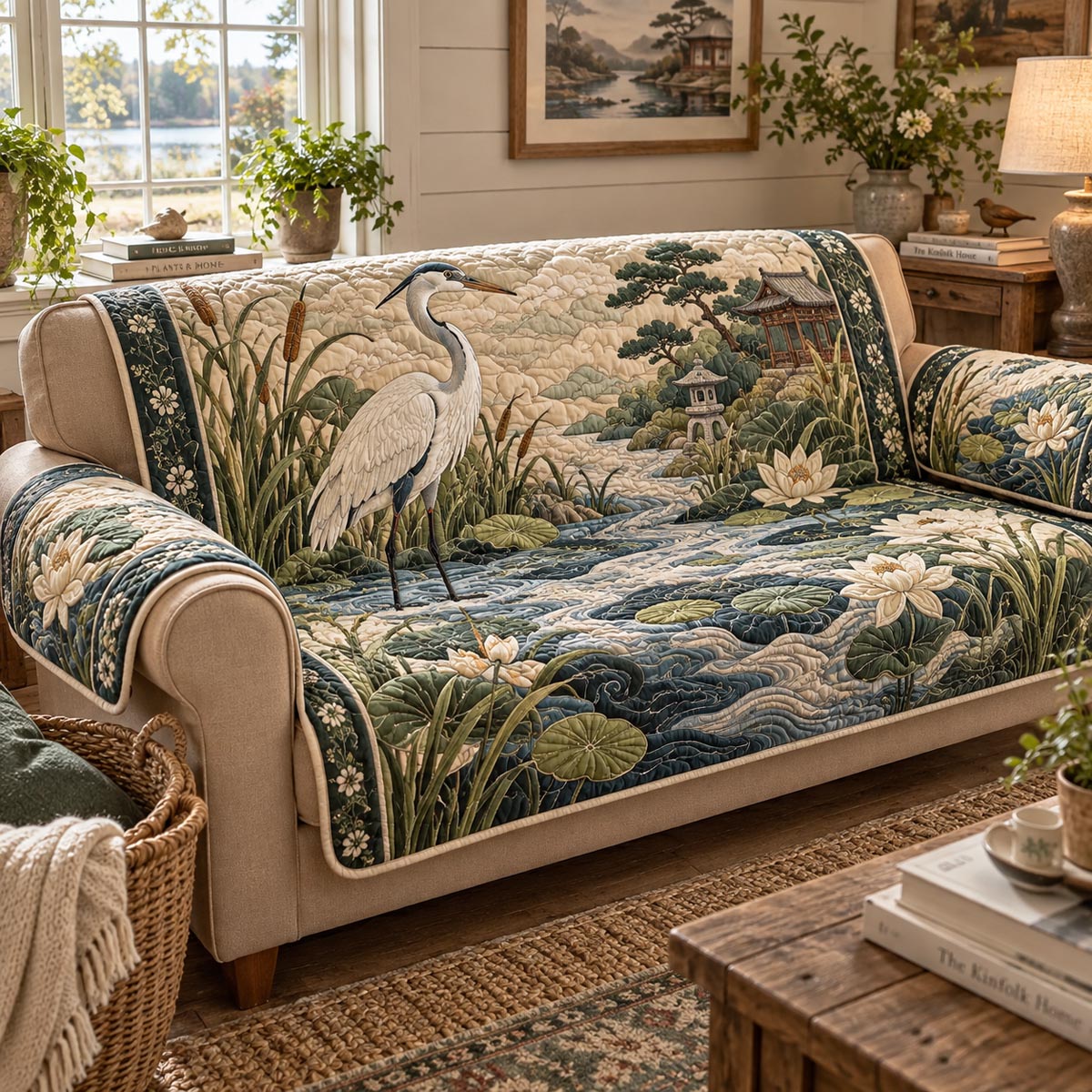 Japanese Blue Heron Quilted Sofa Cover NCU0DV2462