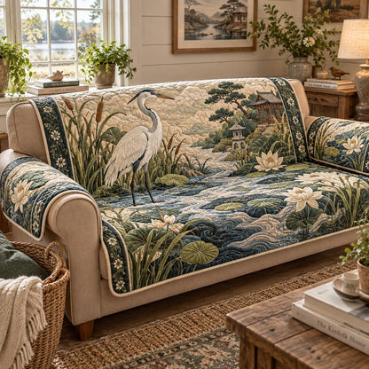 Japanese Blue Heron Quilted Sofa Cover NCU0DV2462