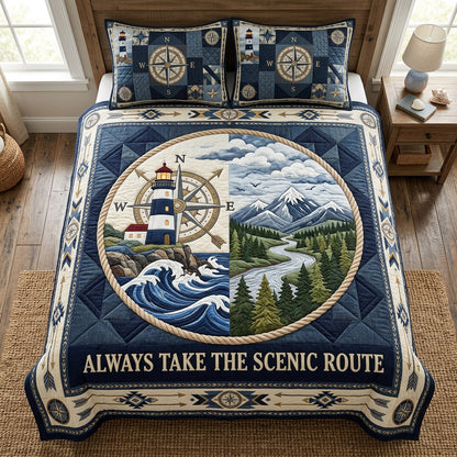 Journey Lighthouse Compass 3-Piece Quilted Bedding Set NCU0HNH1145