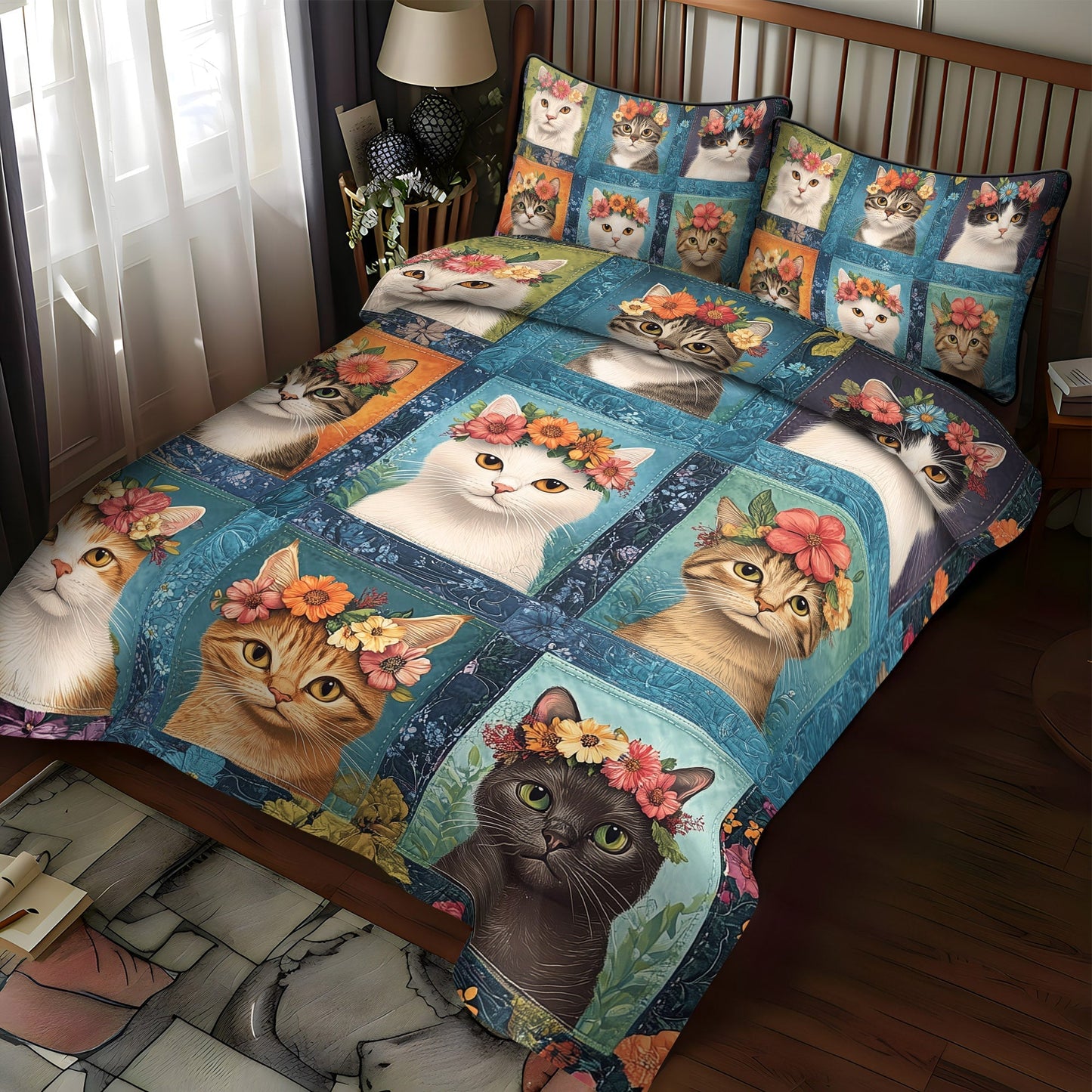 Kittens in Bloom 3-Piece Quilted Bedding Set NCU0TL1199