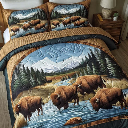 Lakeside Bison Herd 3-Piece Quilted Bedding Set NCU0DQQ0496