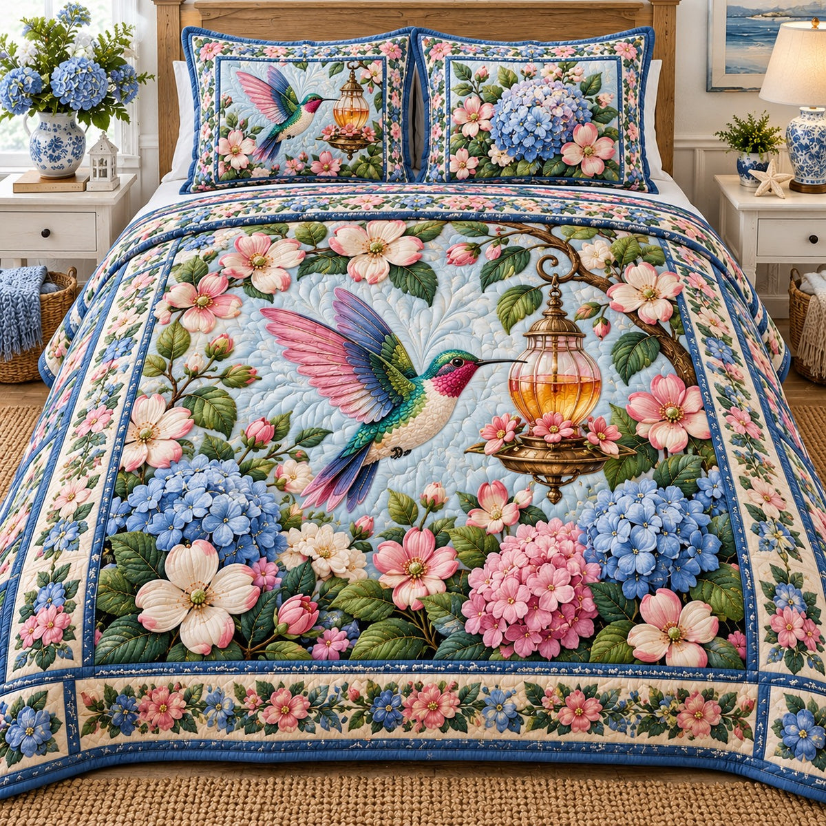 Lantern Hydrangea Hummingbird 3-Piece Quilted Bedding Set NCU0NTD2427