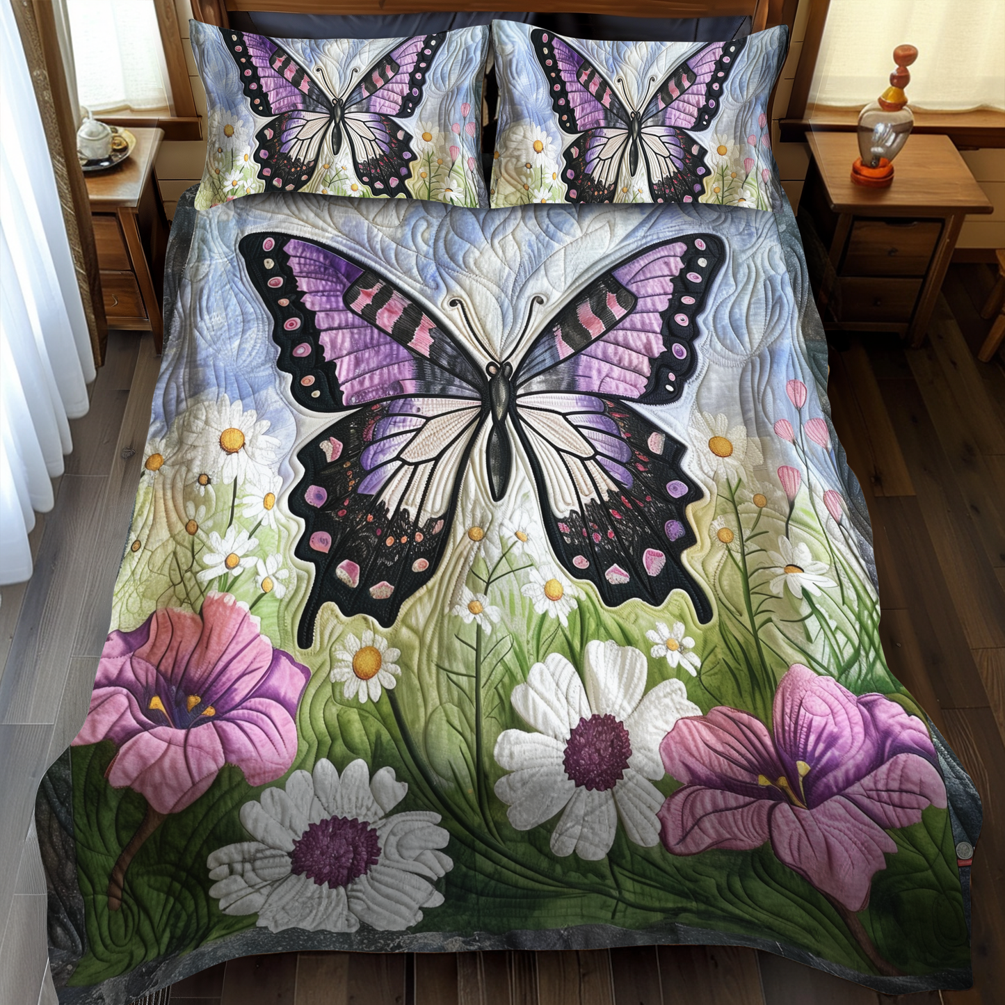 Lavender Wings Butterfly 3-Piece Quilted Bedding Set NCU0VL044