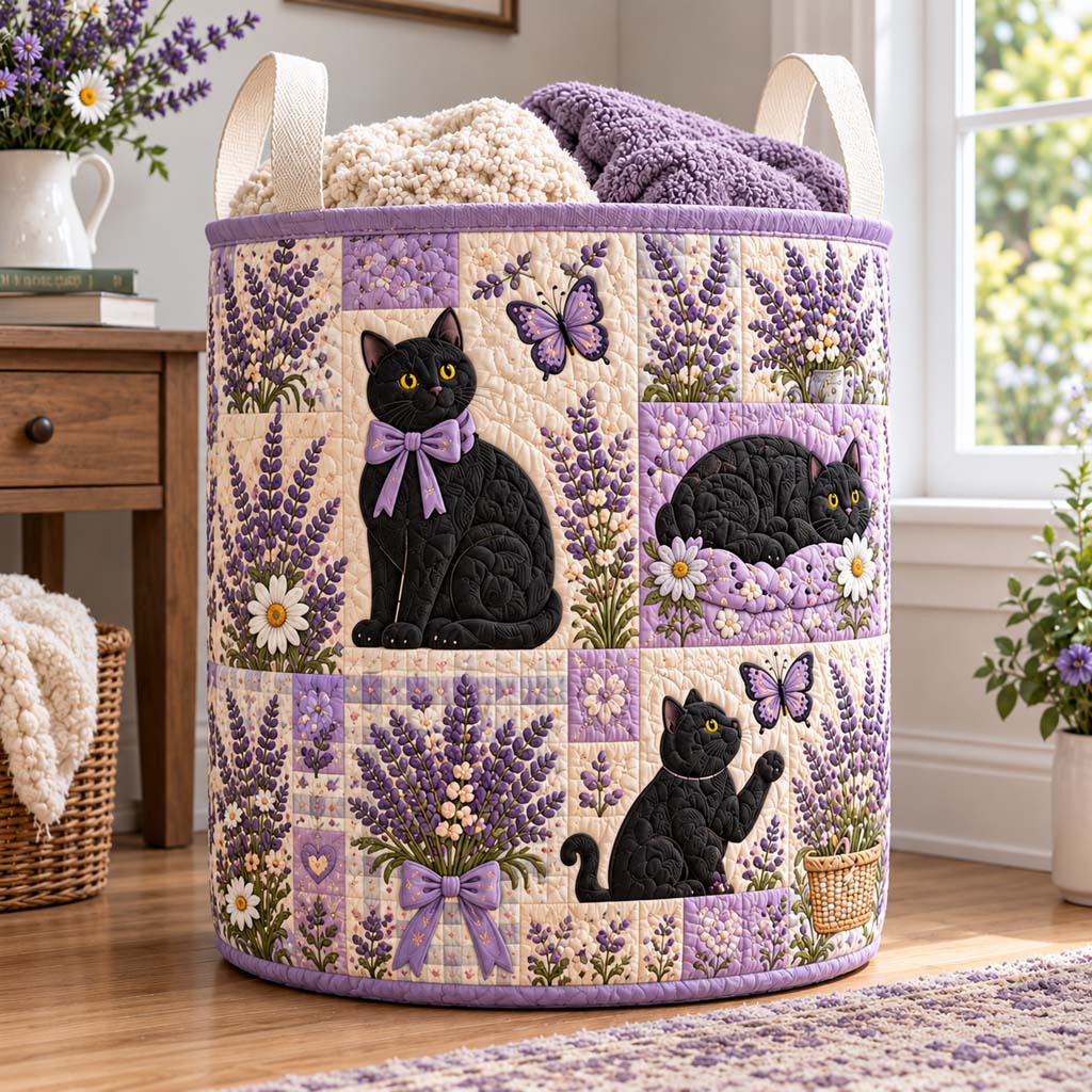 Lavender Bow Cat Quilted Laundry Basket NCU0HNH1370