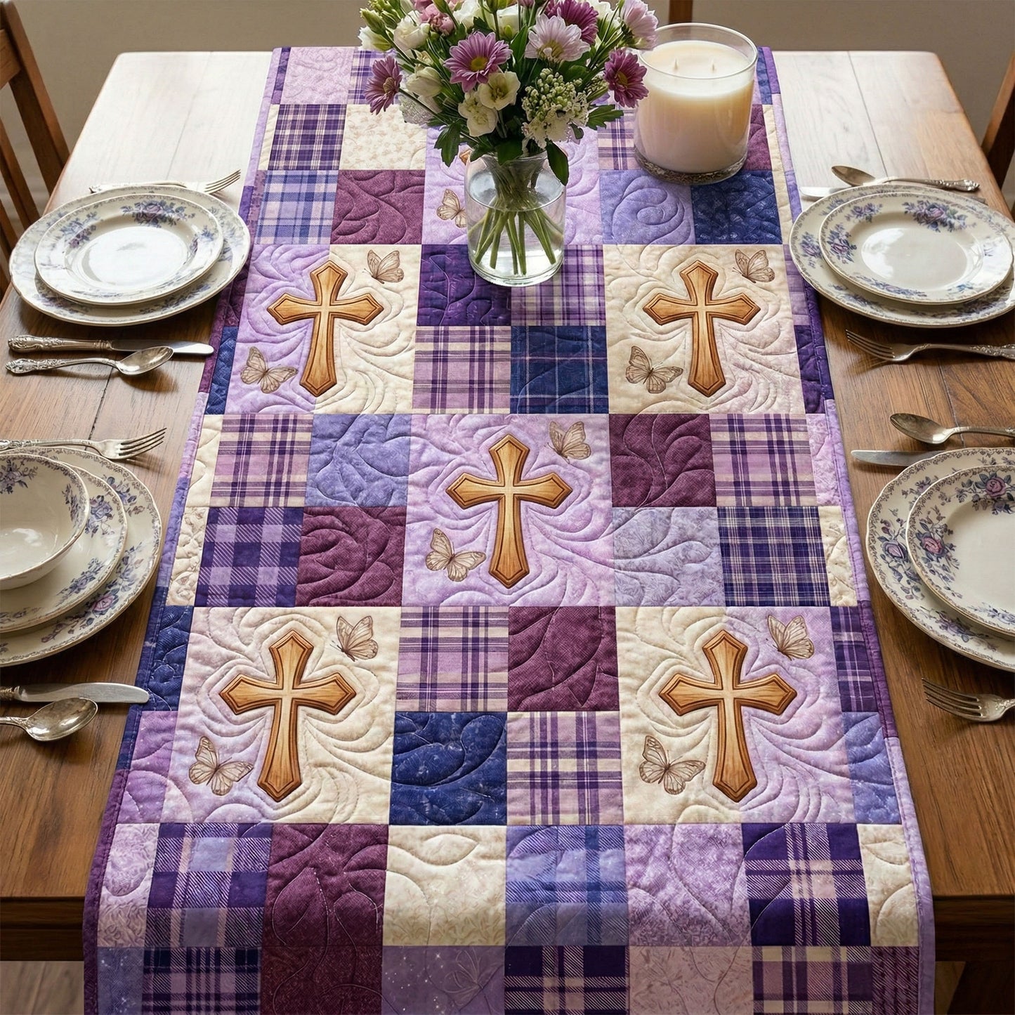 Lavender Cross Quilted Table Runner NCU0NNT3041