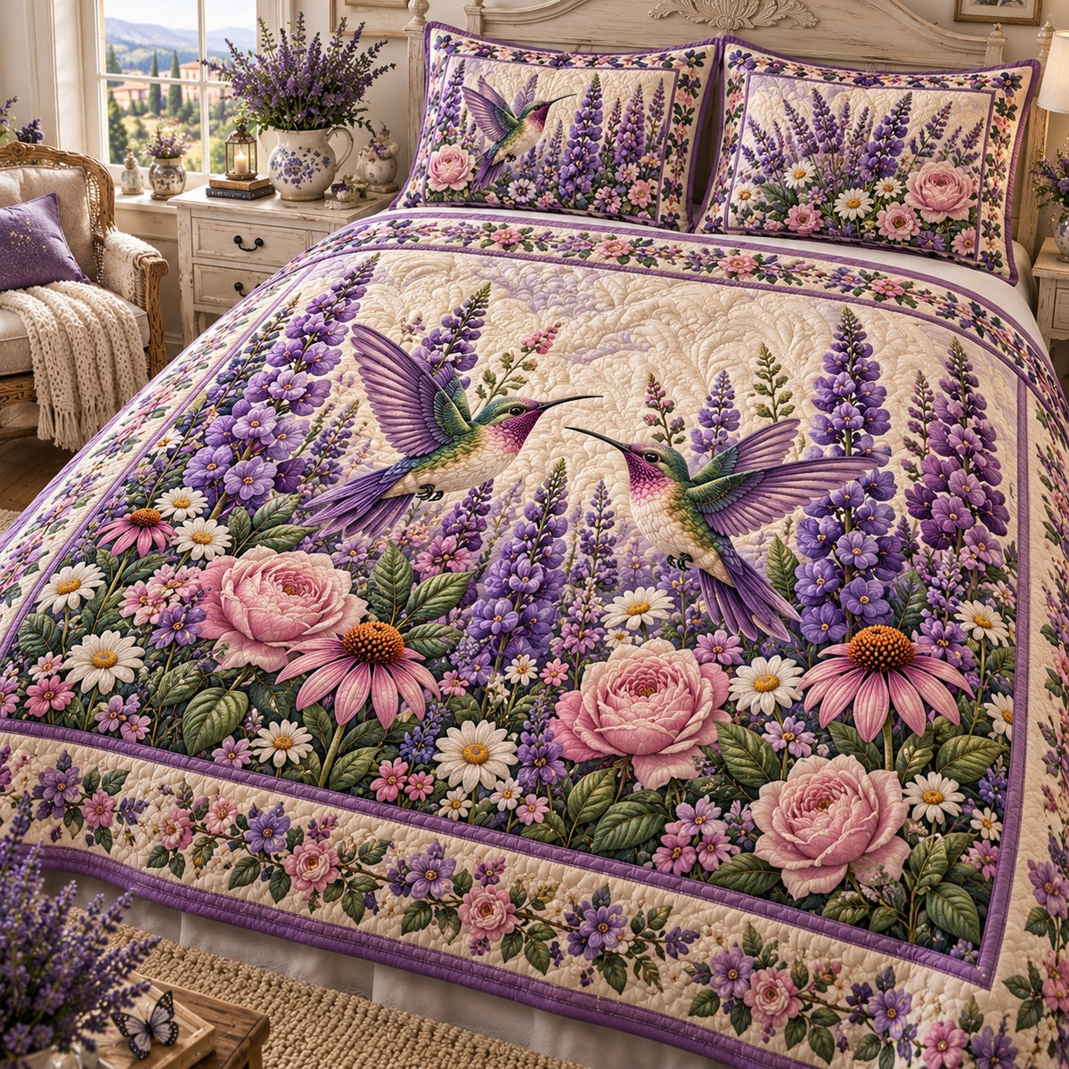 Lavender Provence Hummingbird 3-Piece Quilted Bedding Set NCU0NTD2440