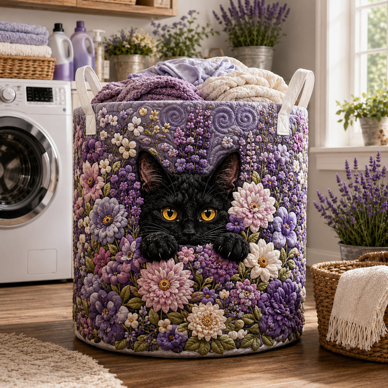 Lavender Whiskers Quilted Laundry Basket NCU0NTV1142