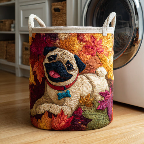 Leaf Pile Pug Quilted Laundry Basket NCU0HNH067