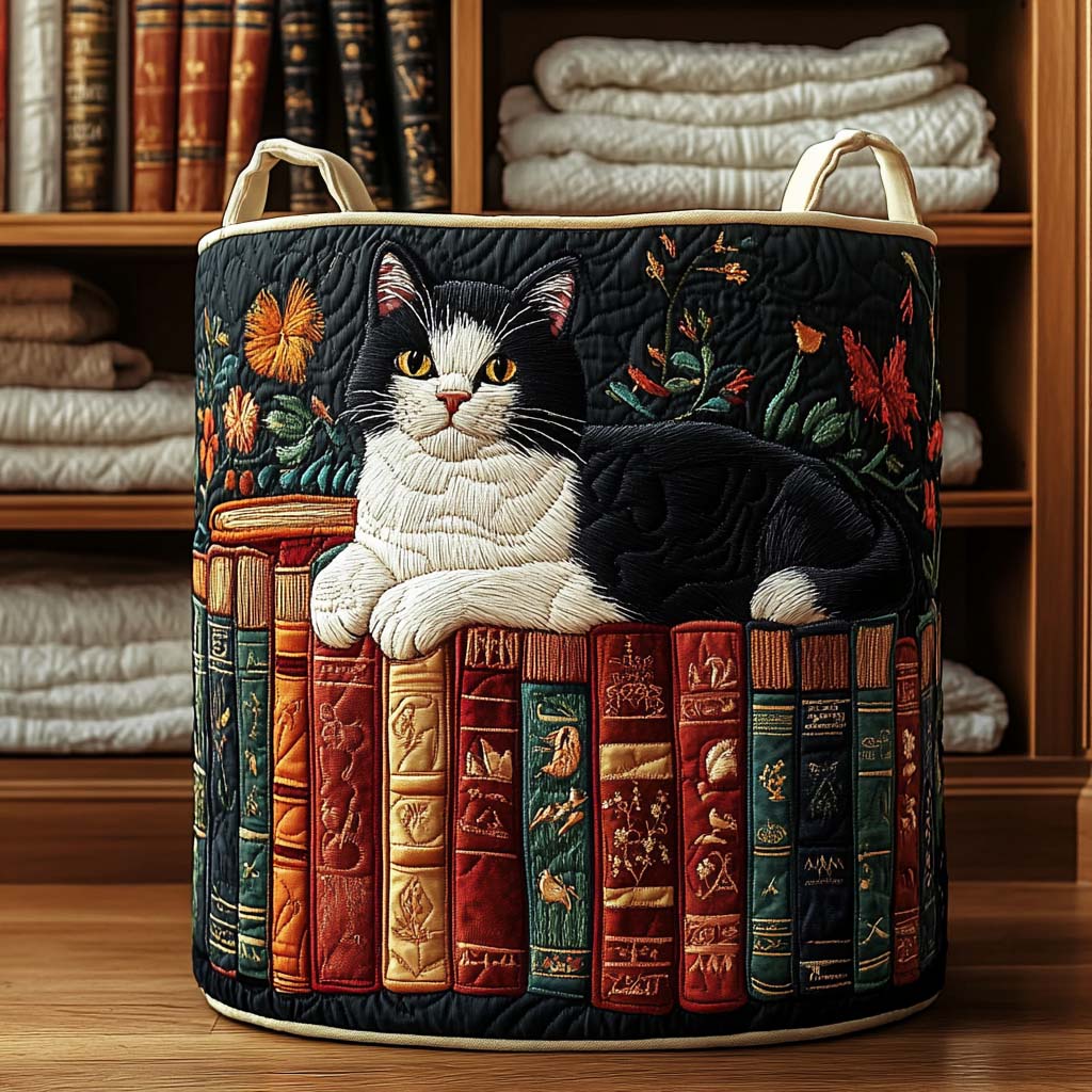Library Cat Quilted Laundry Basket NCU0DQQ054