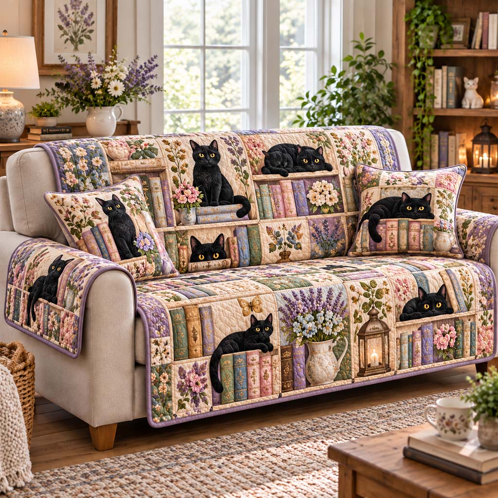 Lilac Library Cats Quilted Sofa Cover NCU0HNH1338