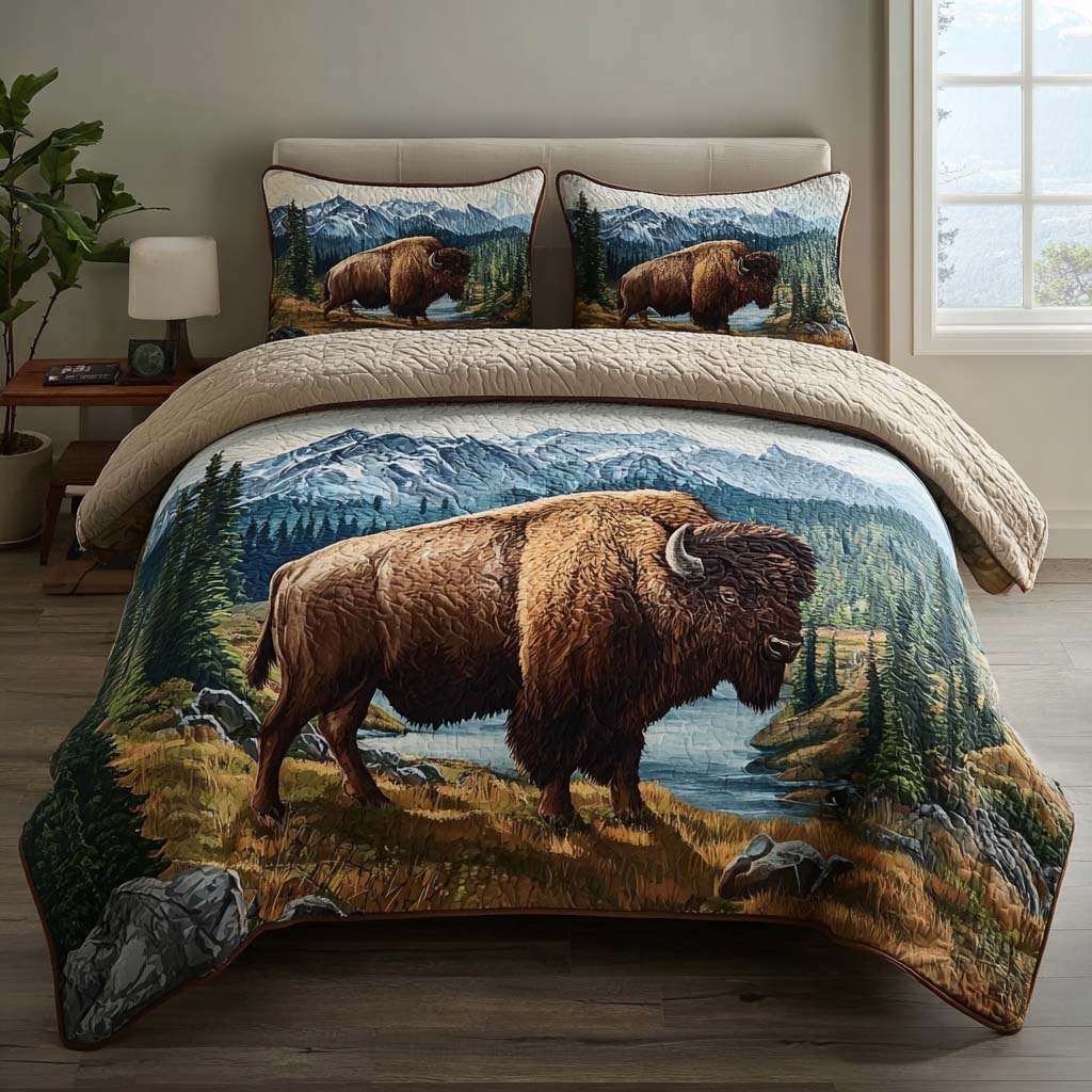 Lodge Bison Scene 3-Piece Quilted Bedding Set NCU0DQQ0494