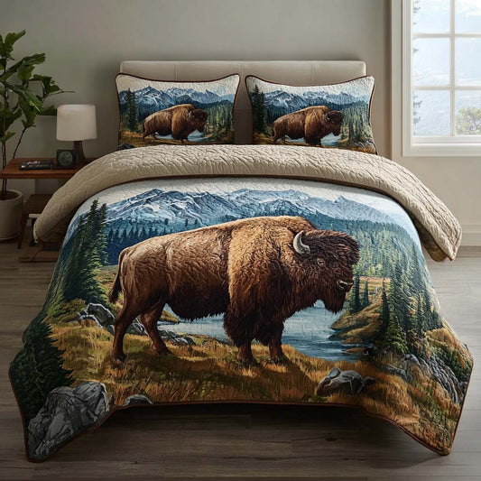 Lodge Bison Scene 3-Piece Quilted Bedding Set NCU0DQQ0494