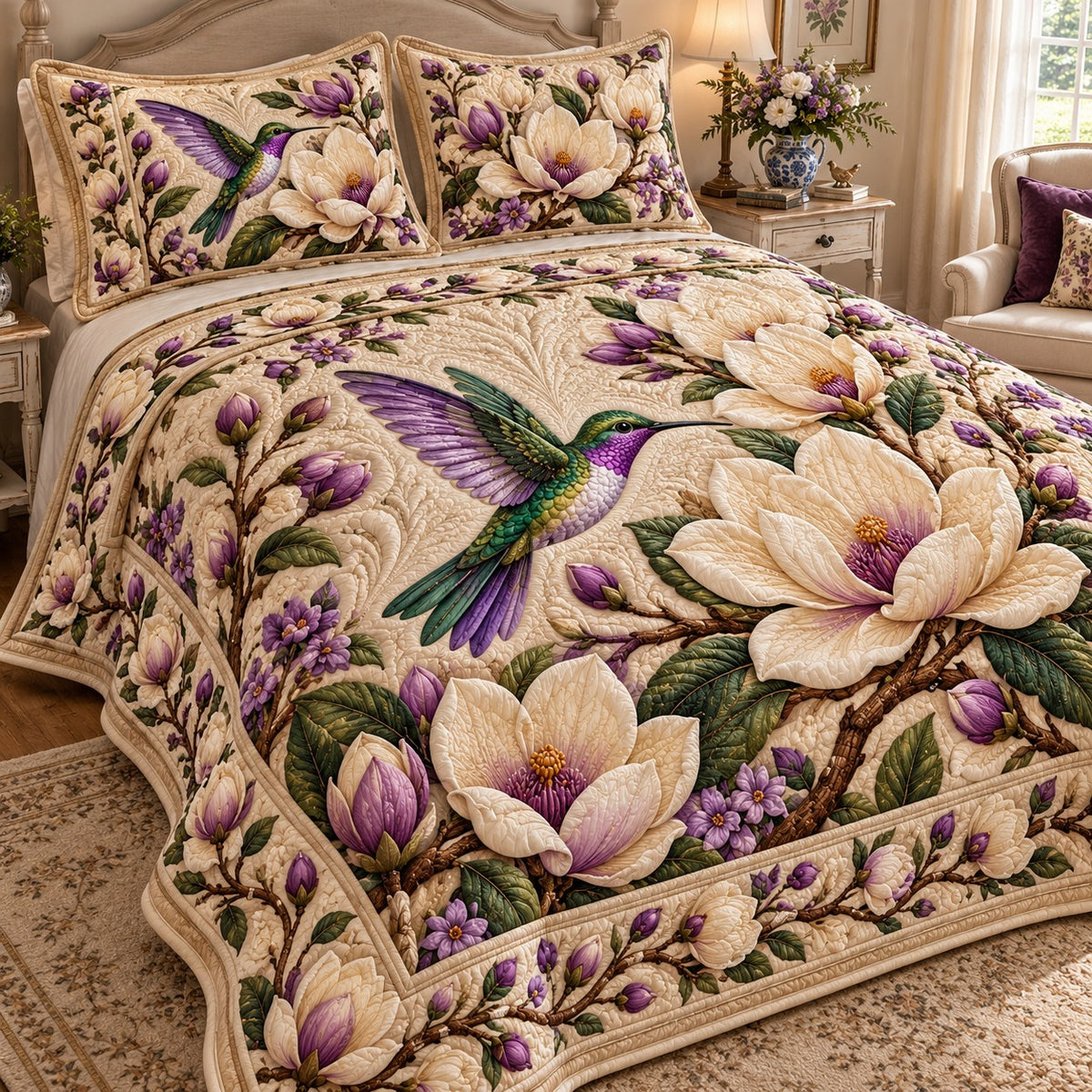 Magnolia Bloom Hummingbird 3-Piece Quilted Bedding Set NCU0NTD2431
