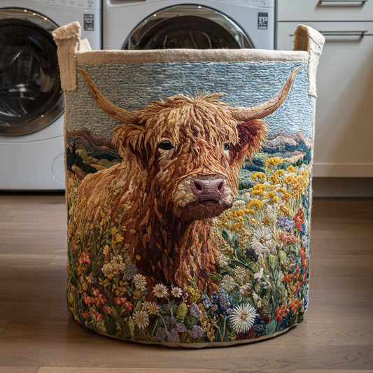 Meadow Highland Cow Quilted Laundry Basket NCU0HNH497