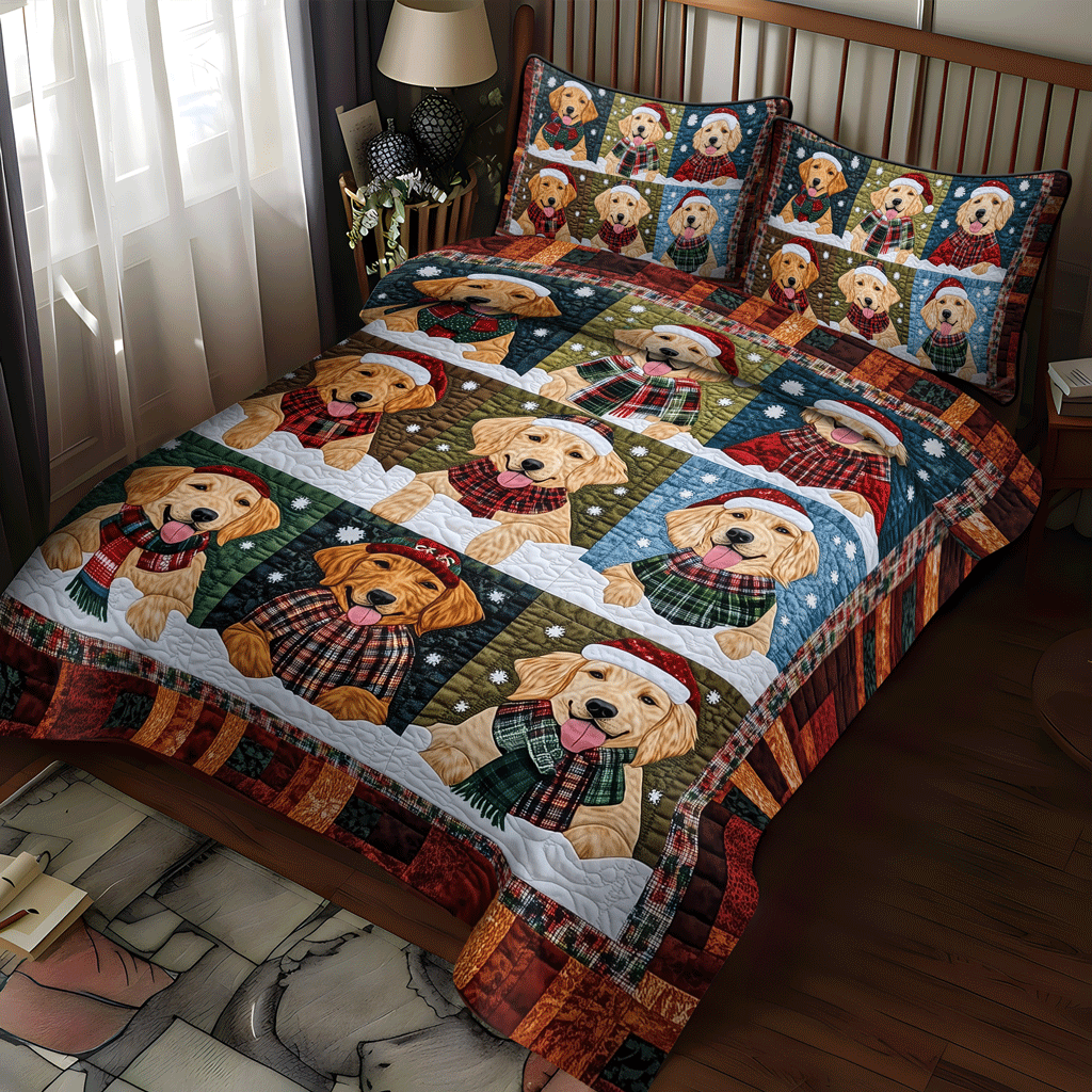 Merry Golden Paws 3-Piece Quilted Bedding Set NCU0TH1632