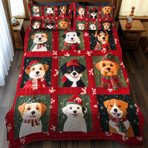 Merry Puppy Christmas 3-Piece Quilted Bedding Set NCU0VL629