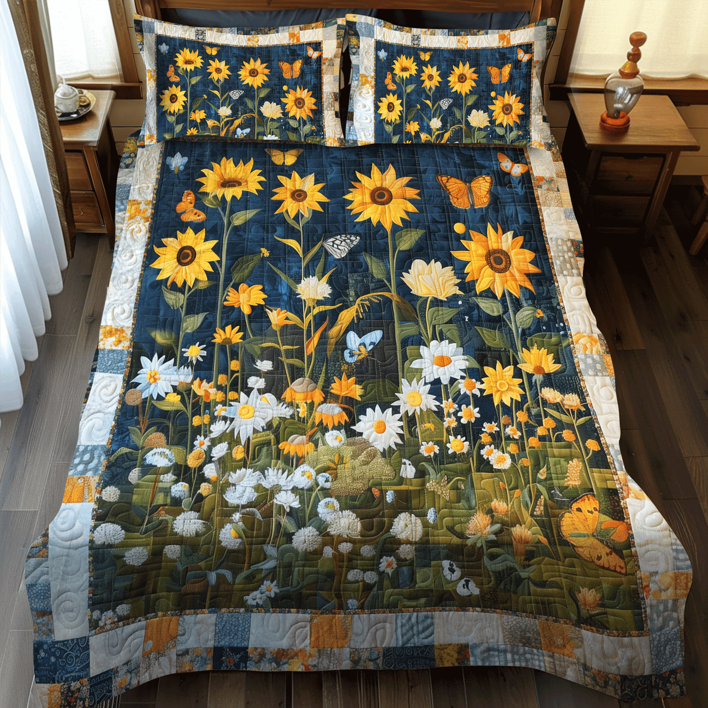 Midnight Sunflowers 3-Piece Quilted Bedding Set NCU0TH1002