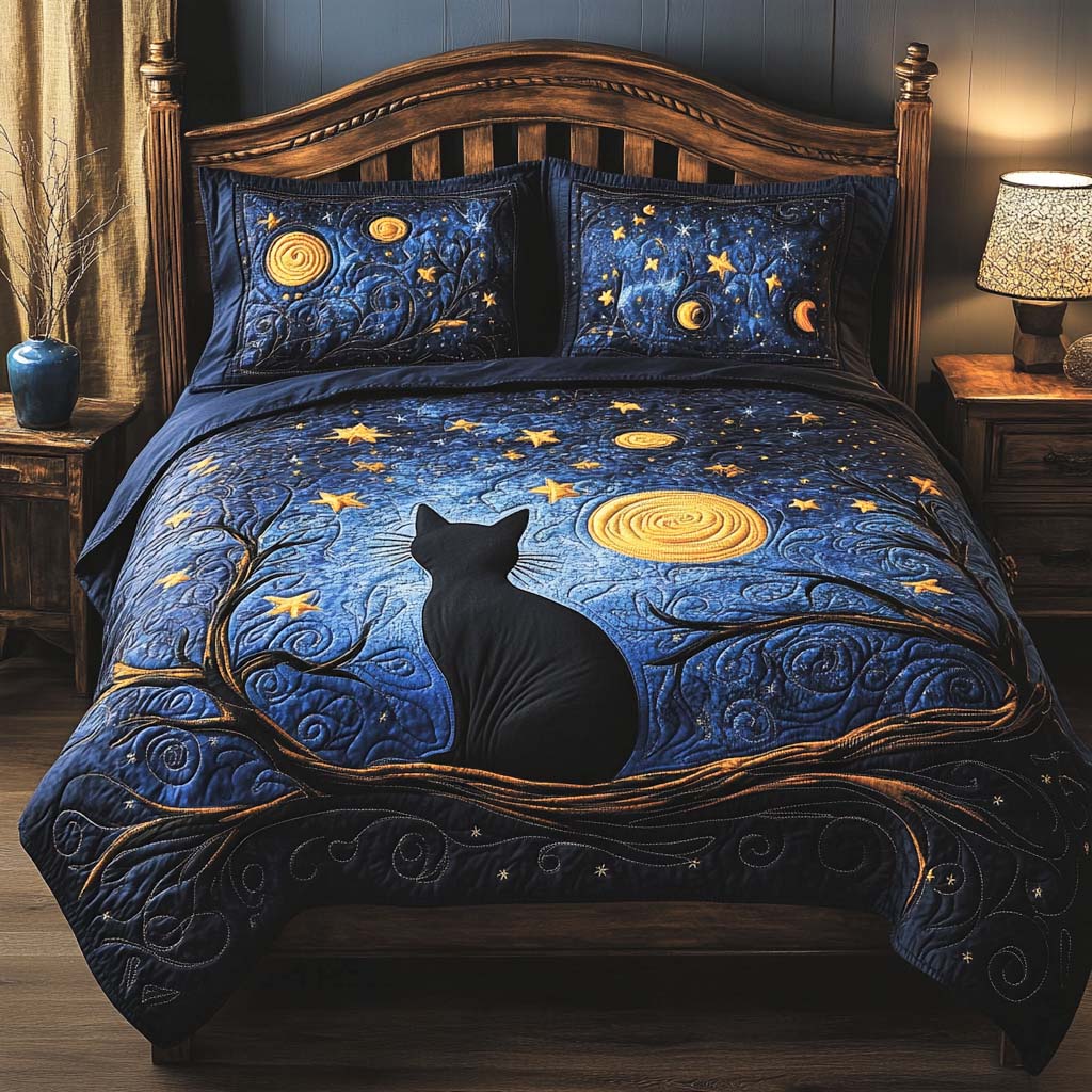 Midnight Cat Magic 3-Piece Quilted Bedding Set NCU0NNL204