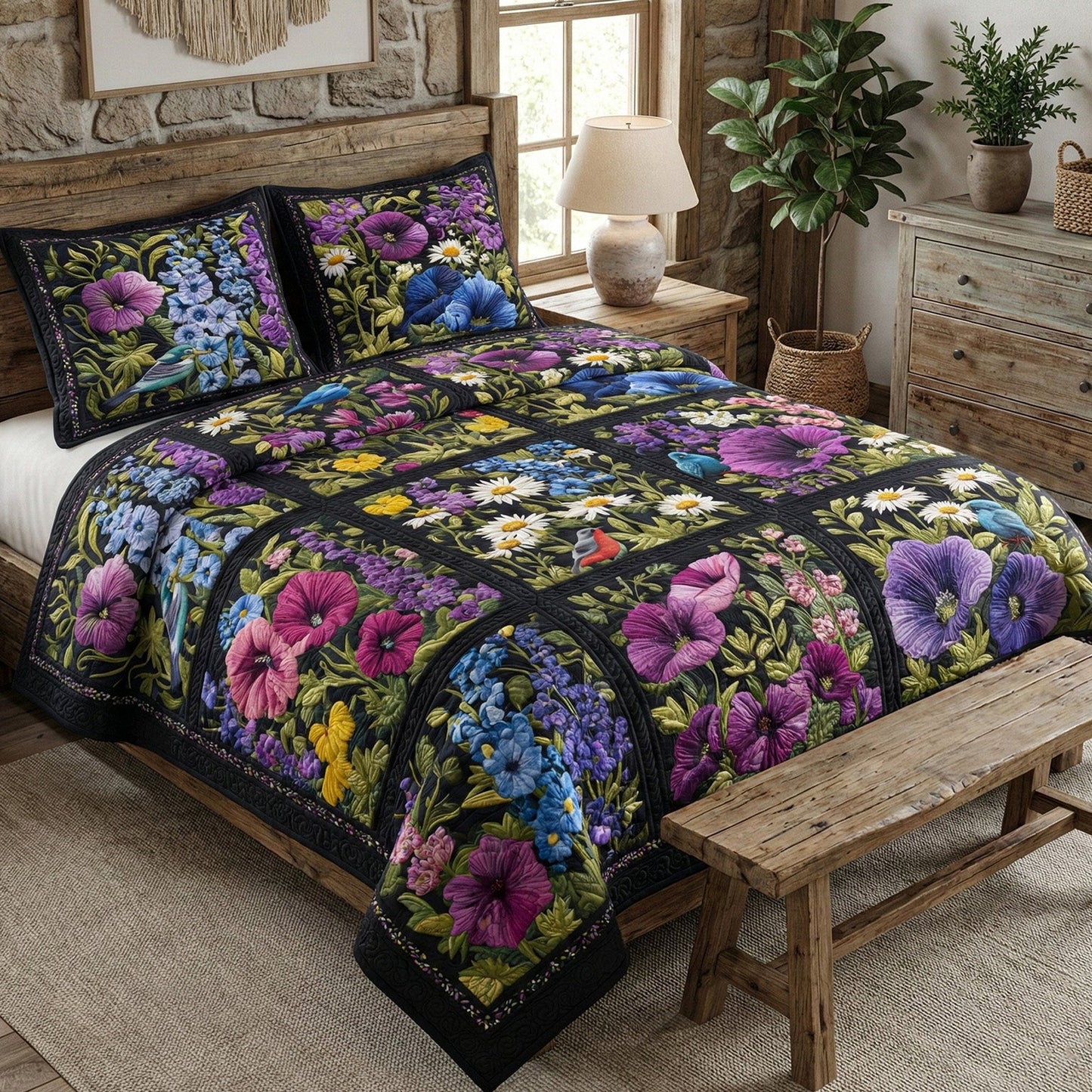 Midnight Garden Bloom 3-Piece Quilted Bedding Set NCU0NNT2997