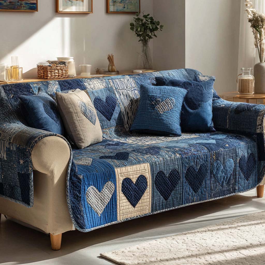 Midnight Hearts Quilted Sofa Cover NCU0NXD1387
