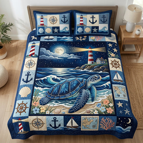 Midnight Lighthouse Turtle 3-Piece Quilted Bedding Set NCU0HNH1146