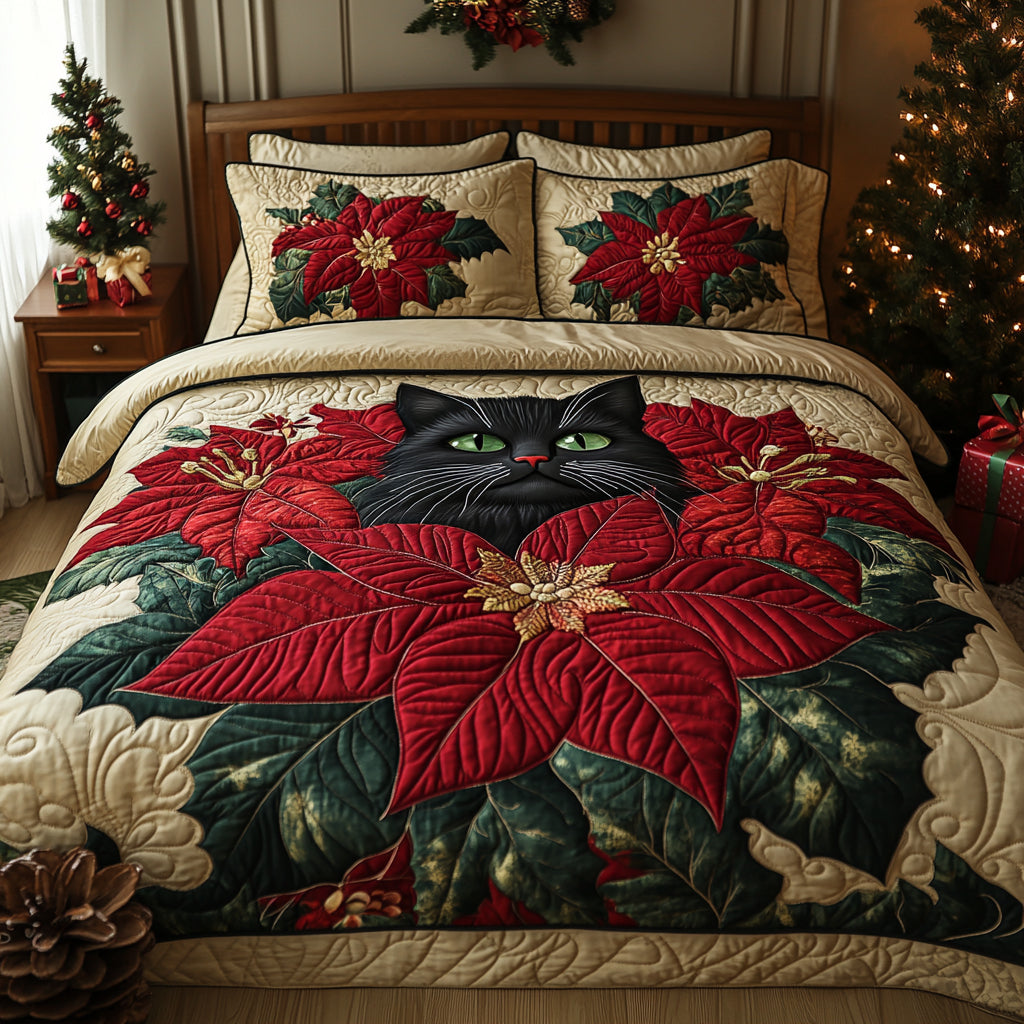 Midnight Poinsettia 3-Piece Quilted Bedding Set NCU0DV1294