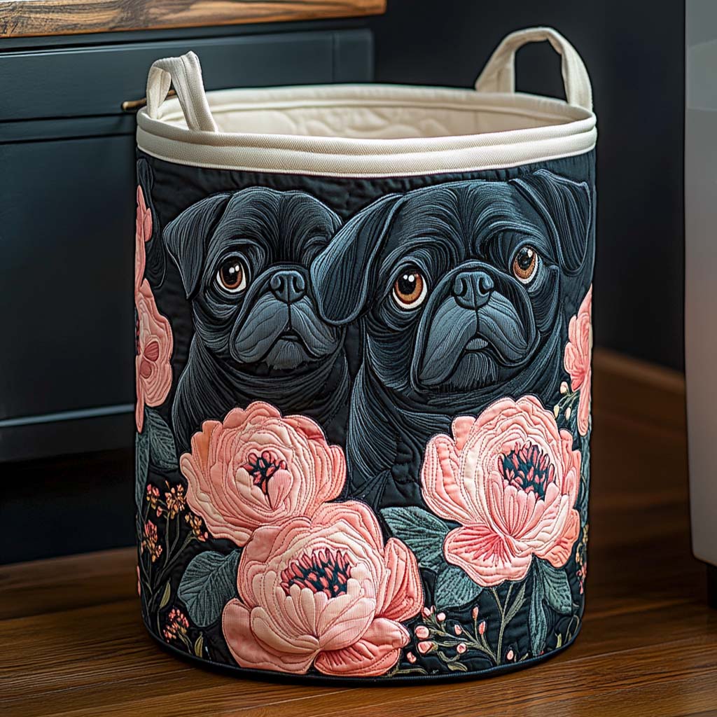 Midnight Pug Blossoms Quilted Laundry Basket NCU0NXD539