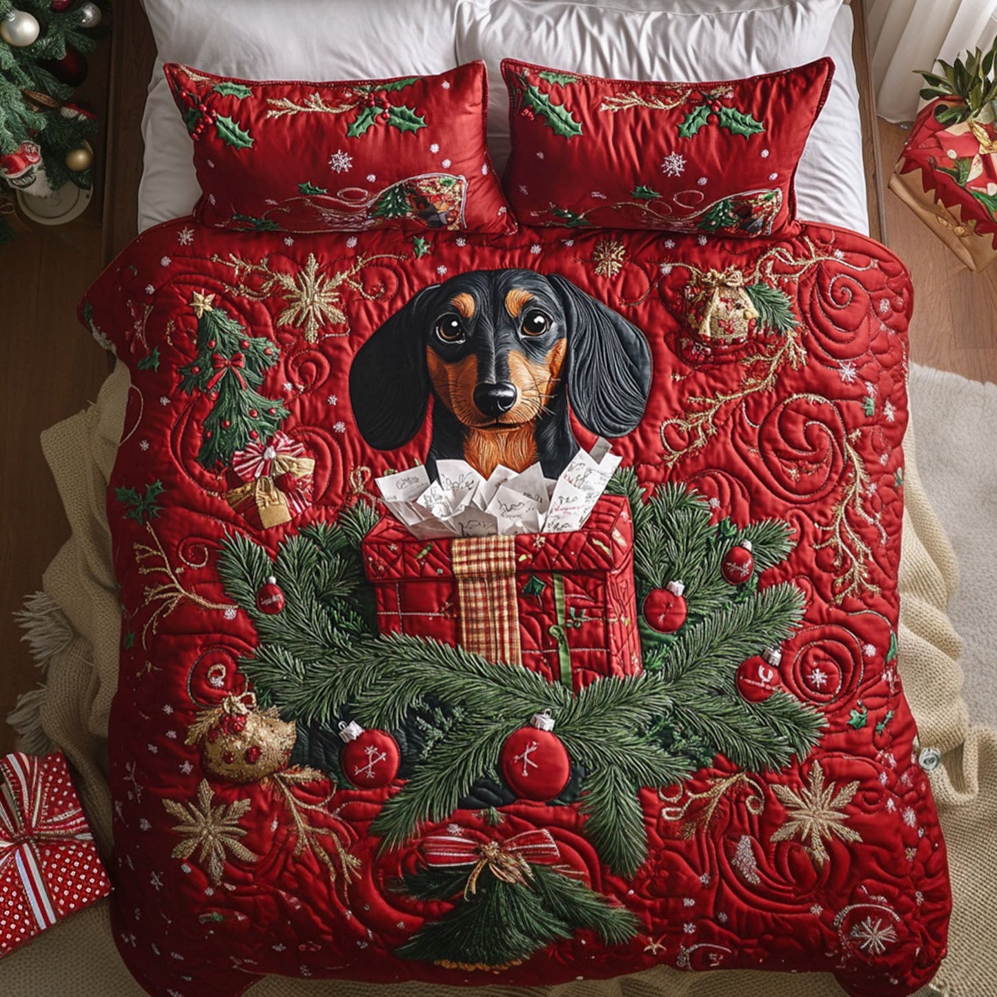 Mistletoe Dachshund 3-Piece Quilted Bedding Set NCU0PTT1458
