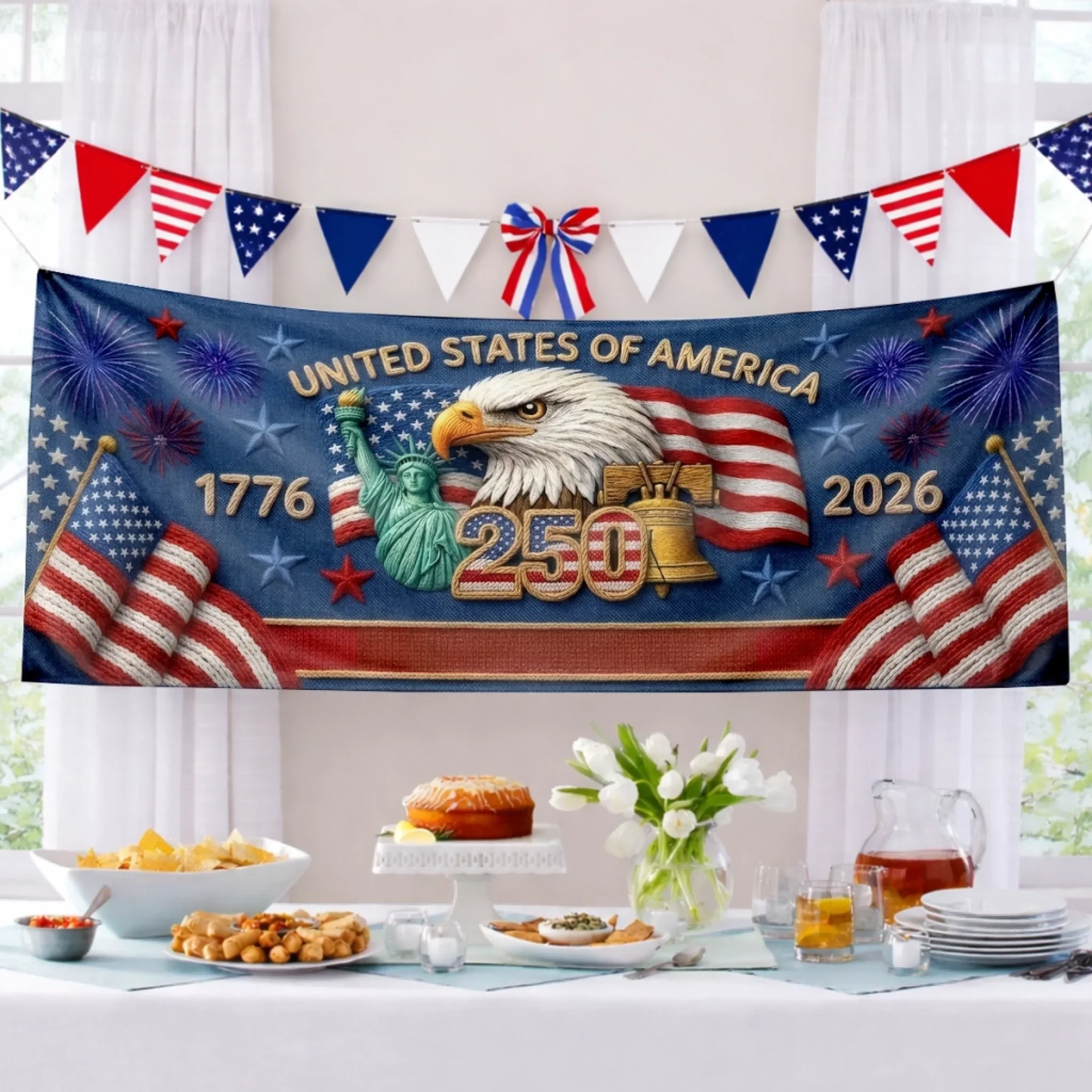 Rectangle Fence Flag Polyester Outdoor Banner - America 250th Anniversary Gifts For Mom, Dad, Brother, Sister, Kids - Together We Shine Bright