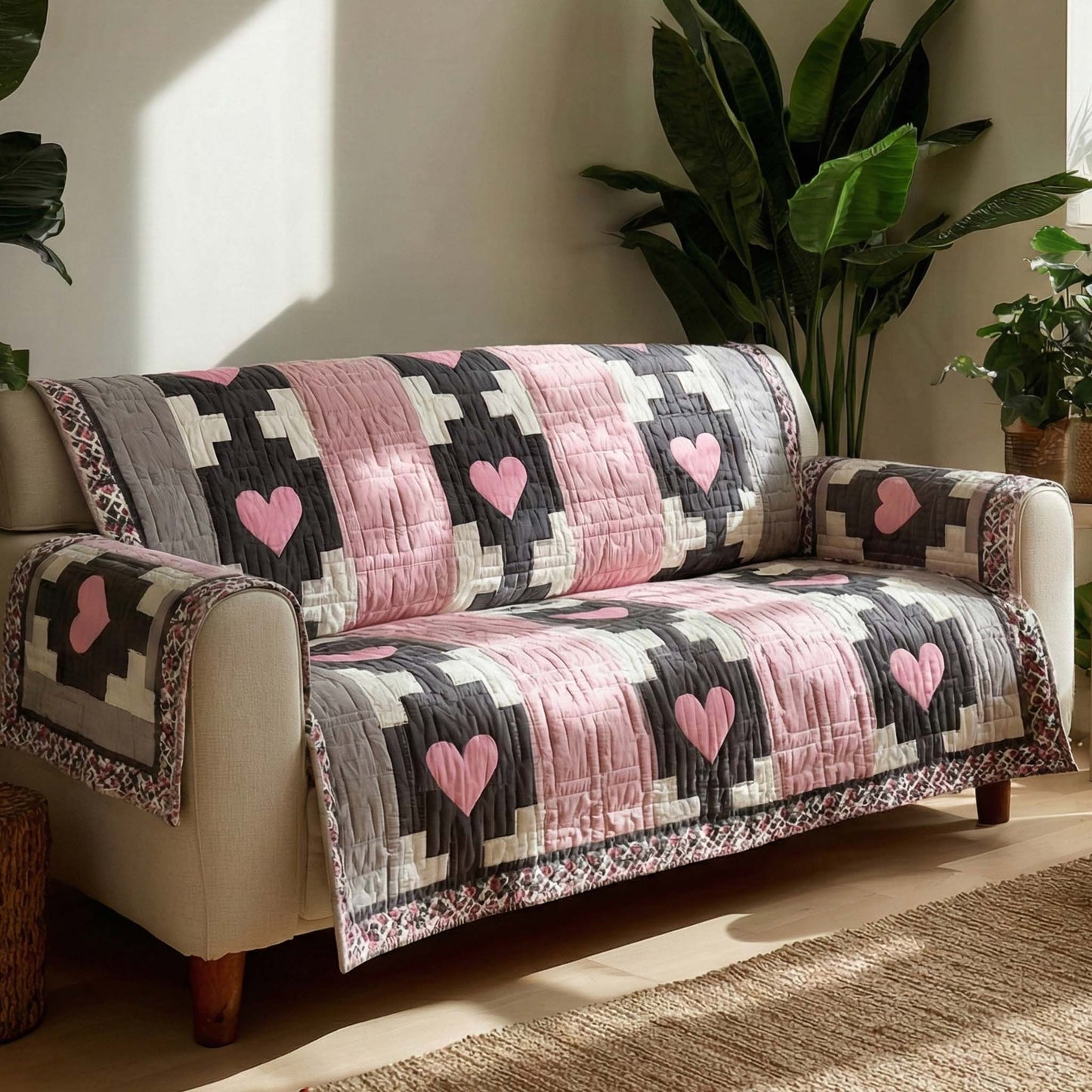 Modern Hearts Quilted Sofa Cover NCU0NXD1328