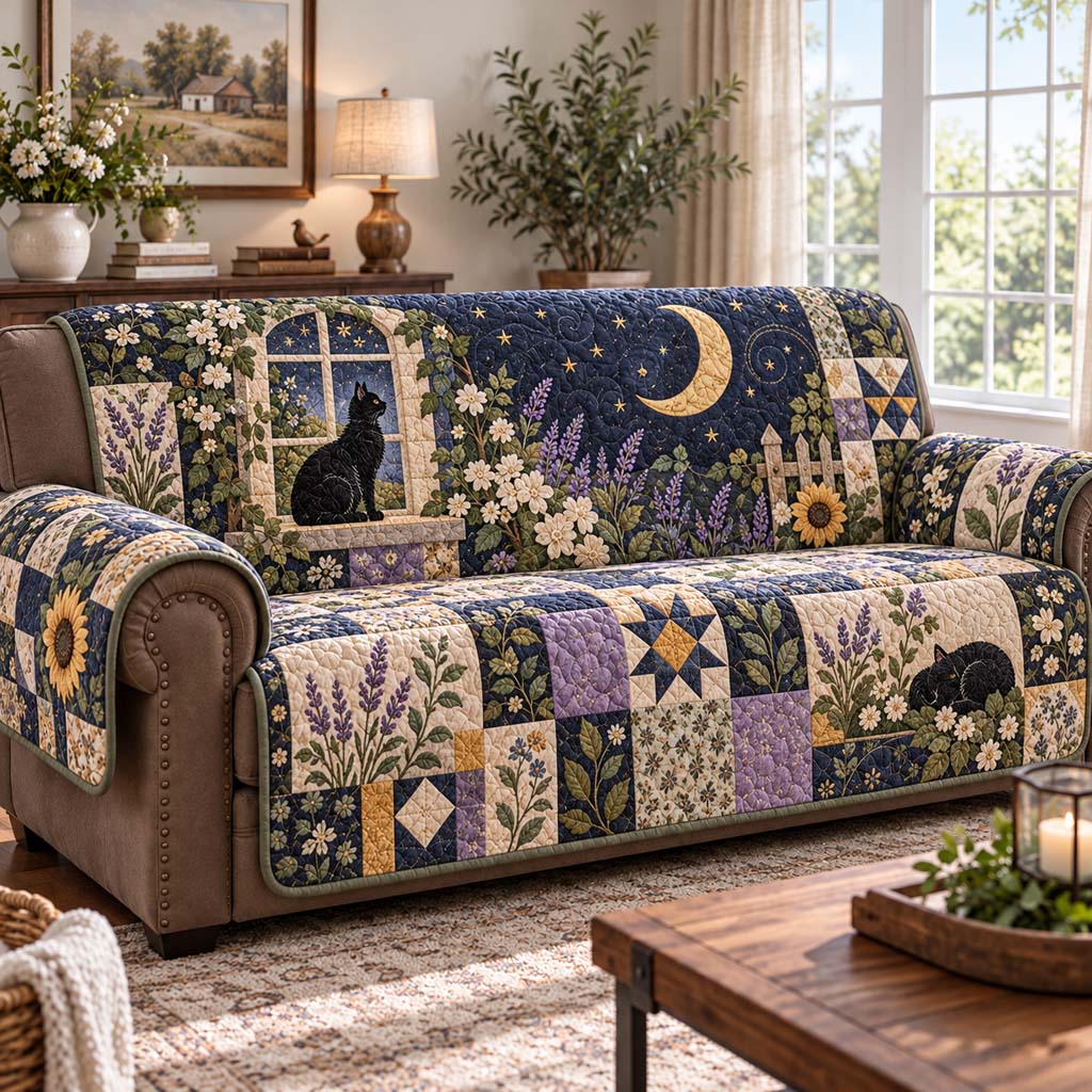 Moonlit Window Cat Quilted Sofa Cover NCU0HNH1340