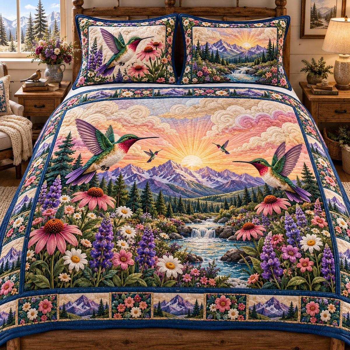 Mountain Sunrise Hummingbird 3-Piece Quilted Bedding Set NCU0NTD2439