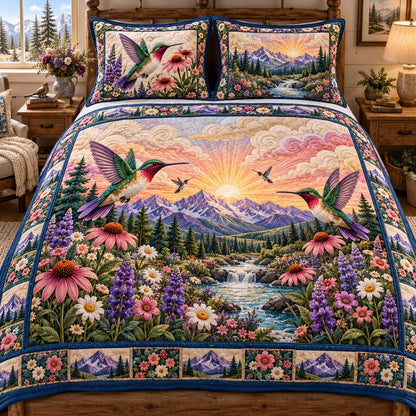 Mountain Sunrise Hummingbird 3-Piece Quilted Bedding Set NCU0NTD2439
