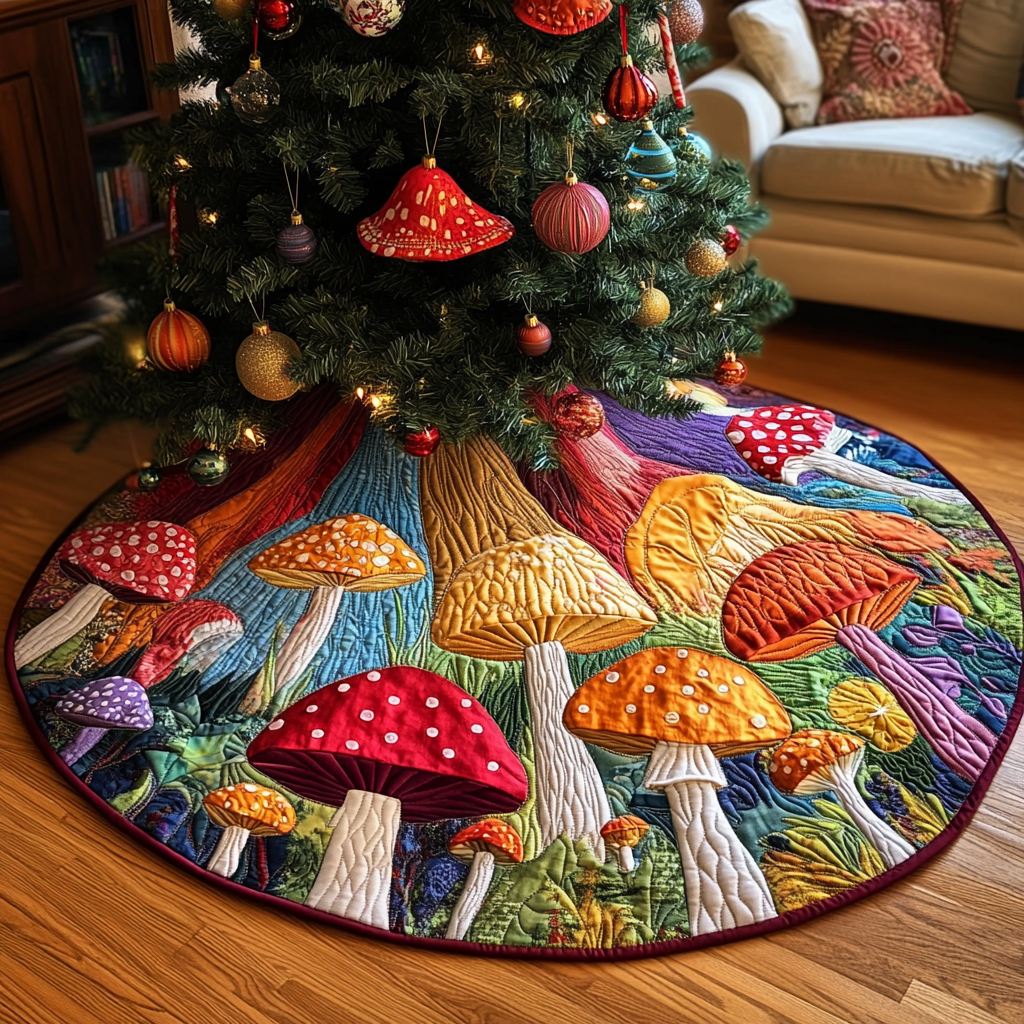 Mushroom Field Christmas Quilted Tree Skirt NCU0DDK1653