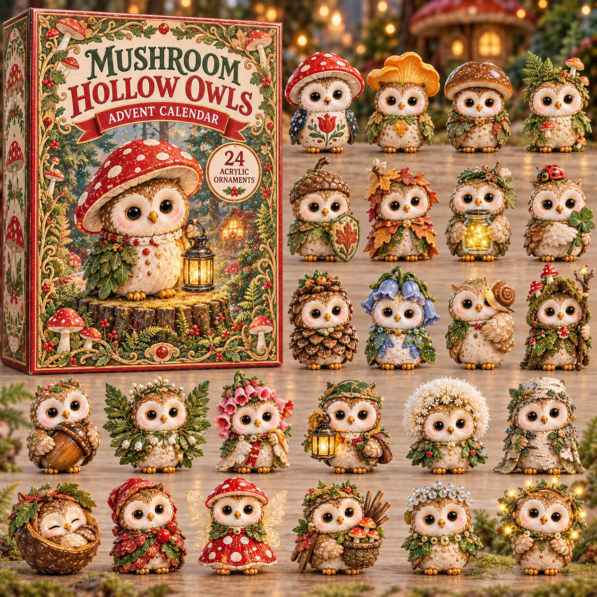 CHRISTMAS KICKOFF 40% OFF - Mushroom Hollow Owls Advent Calendar 2026 - 24-Day Festive Countdown, Acrylic Charms Blind Box - Gift For Family and Friends AC0TD018