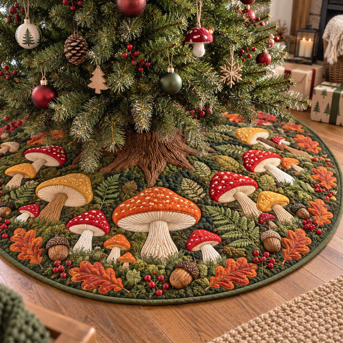 Mushroom Meadow Christmas Quilted Tree Skirt NCU0NTD2279