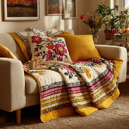 Mustard Folk Bloom Quilted Blanket NCU0LDH682
