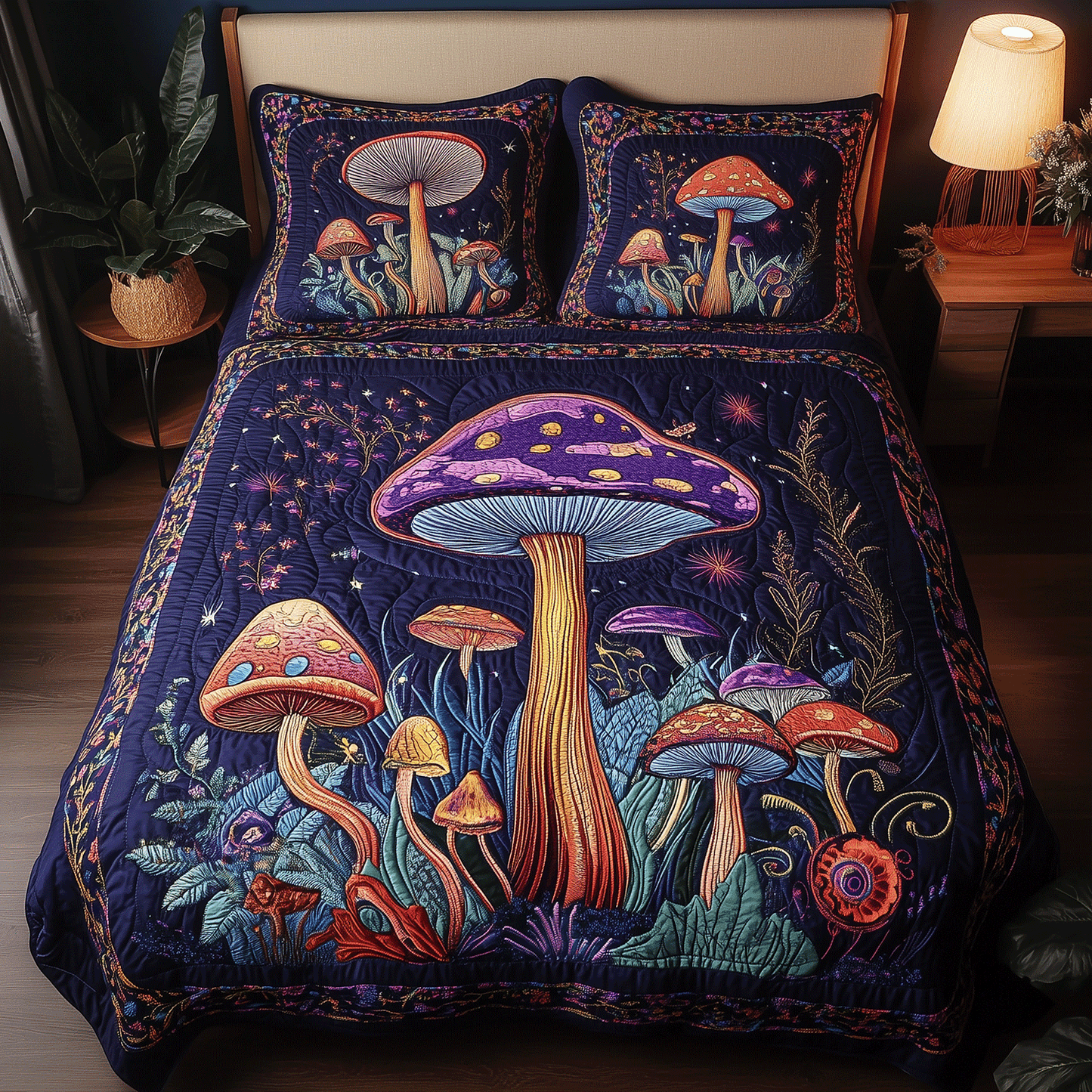 Mystic Mushroom Garden 3-Piece Quilted Bedding Set NCU0TH2568