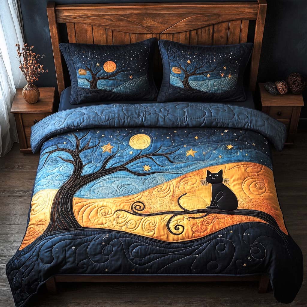 Mystic Midnight Cat 3-Piece Quilted Bedding Set NCU0NNL207