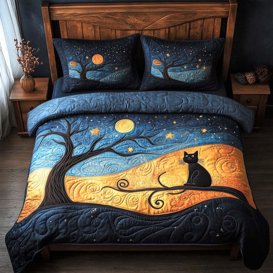 Mystic Midnight Cat 3-Piece Quilted Bedding Set NCU0NNL207