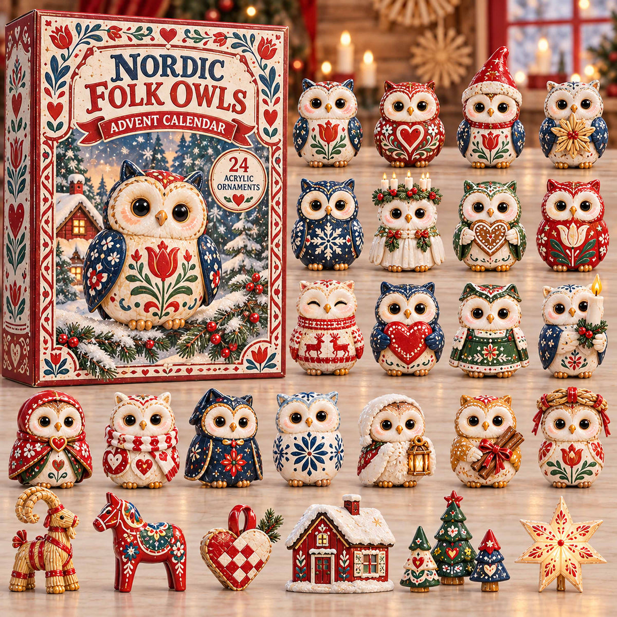 CHRISTMAS KICKOFF 40% OFF - Nordic Folk Owls Advent Calendar 2026 - 24-Day Festive Countdown, Acrylic Charms Blind Box - Gift For Family and Friends AC0TD019
