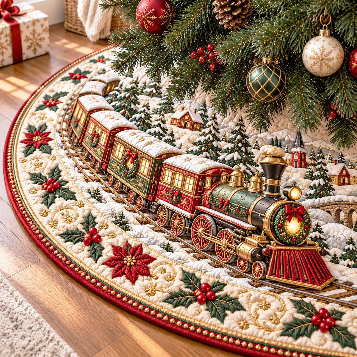 North Pole Rails Christmas Quilted Tree Skirt NCU0NTD2260