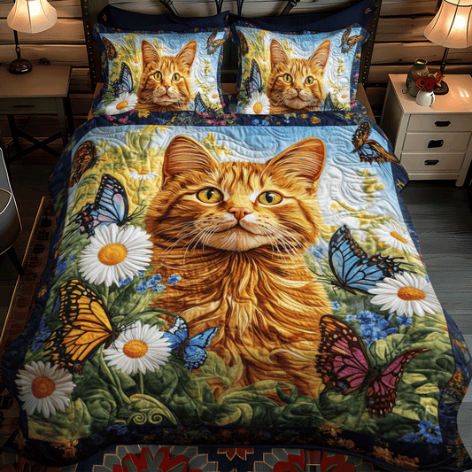 Orange Cat With Butterflies 3-Piece Quilted Bedding Set NCU0PD623